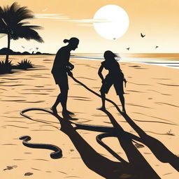 Two people are searching for treasure on a beach