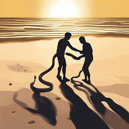 Two people are searching for treasure on a beach