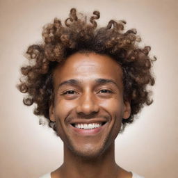 An ultra-abstract, minimalistic representation of a man with brown skin and curly hair falling over his forehead, portraying a sense of sophistication, personality and a smiling expression, ideal for profile use.