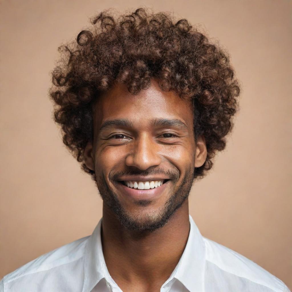 An ultra-abstract, minimalistic representation of a man with brown skin, bangs in his curly hair falling over his forehead, a smiling expression, reflecting sophistication and personality, ideal for profile use.