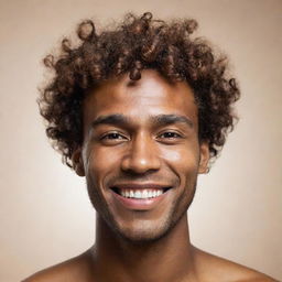 An ultra-abstract, minimalistic representation of a man with brown skin, bangs in his curly hair falling over his forehead, a smiling expression, reflecting sophistication and personality, ideal for profile use.