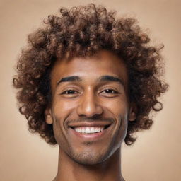 An ultra-abstract, minimalistic representation of a man with brown skin, bangs in his curly hair falling over his forehead, a smiling expression, reflecting sophistication and personality, ideal for profile use.