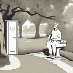 Create an image of a person in a humorous, non-graphic context, implying that they are using the restroom in a park