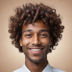 An ultra-abstract, minimalistic representation of a man with brown skin, bangs in his curly hair falling over his forehead, a smiling expression, reflecting sophistication and personality, ideal for profile use.