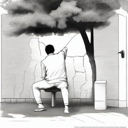 Create an image of a person in a humorous, non-graphic context, implying that they are using the restroom in a park, outside the restroom, squatting