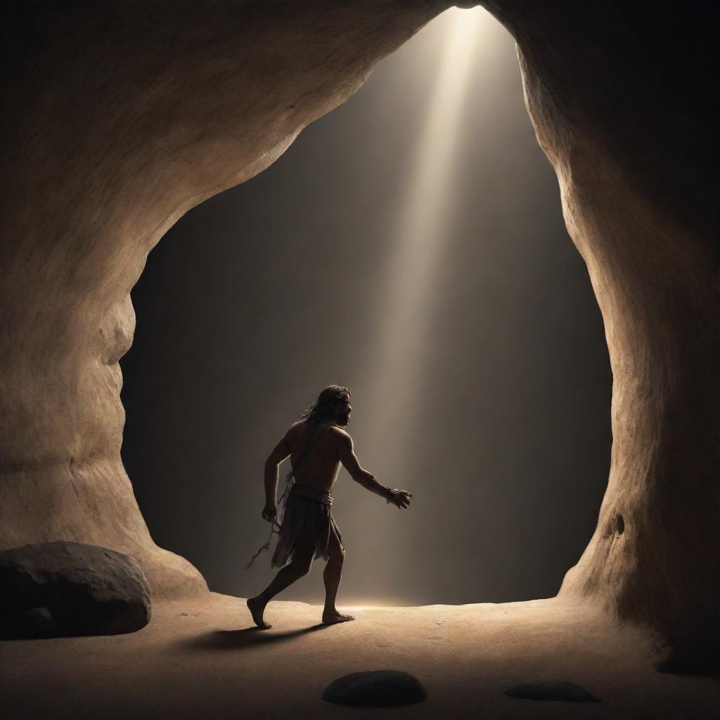 Realistically stylized cartoon scene from 380 BC: A single person, once chained, stepping out from the darkness of the ancient cave, entering into the light of freedom.