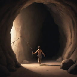 Realistically stylized cartoon scene from 380 BC: A single person, once chained, stepping out from the darkness of the ancient cave, entering into the light of freedom.