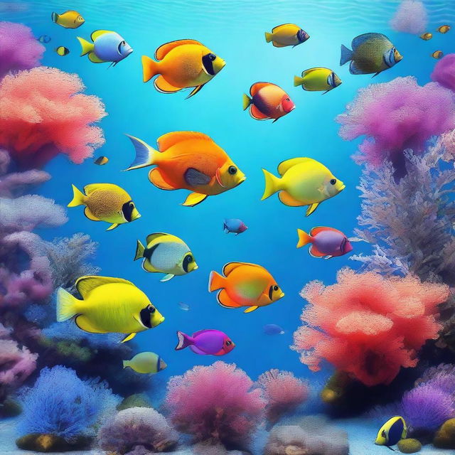 Create an image of a variety of colorful fish swimming in the clear blue water