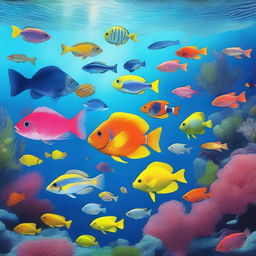 Create an image of a variety of colorful fish swimming in the clear blue water