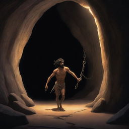 Realistically stylized cartoon scene from 380 BC: A single person, once chained, stepping out from the darkness of the ancient cave, entering into the light of freedom.