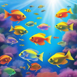 Create an image of a variety of colorful fish swimming in the clear blue water