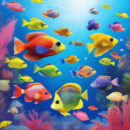 Create an image of a variety of colorful fish swimming in the clear blue water