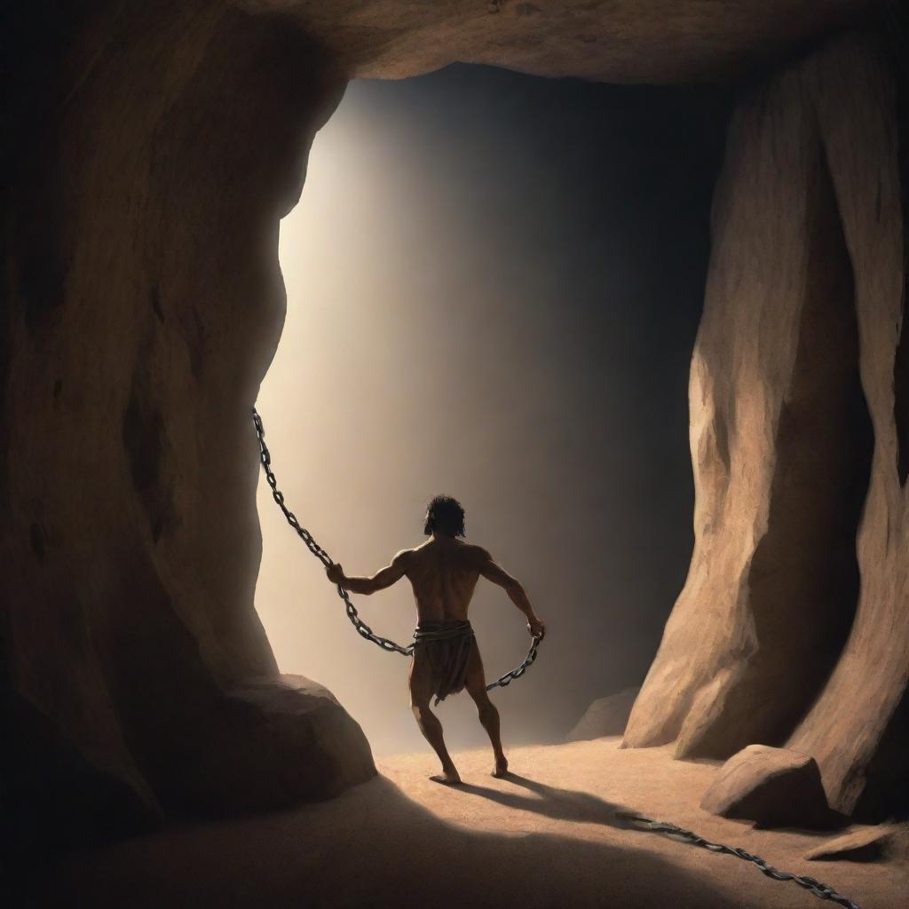 Realistically stylized cartoon scene from 380 BC: A single person, once chained, stepping out from the darkness of the ancient cave, entering into the light of freedom.