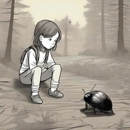 A young girl lost in the wilderness with a pill bug by her side