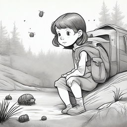 A young girl lost in the wilderness with a pill bug by her side