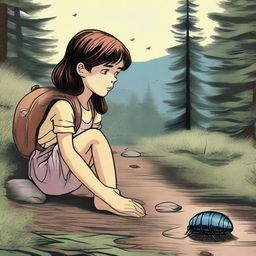 A young girl lost in the wilderness with a pill bug by her side