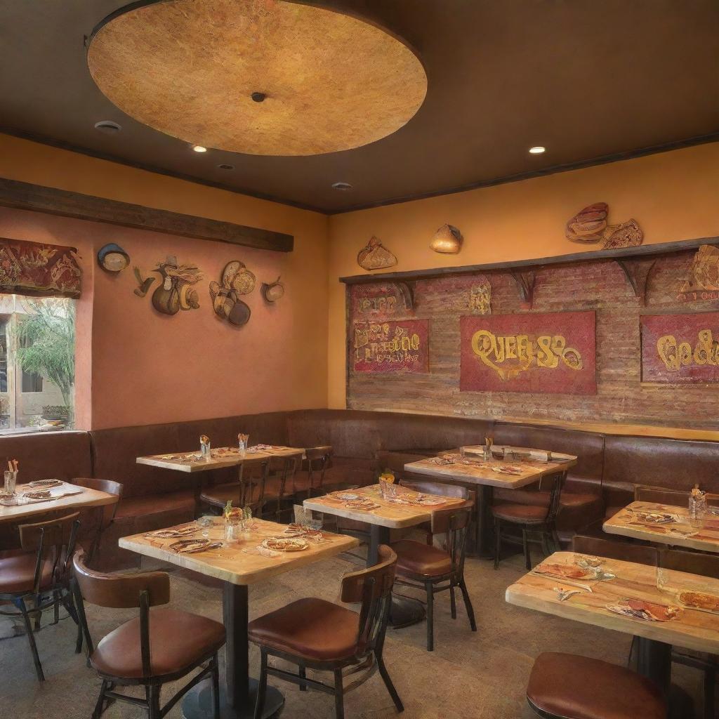 Create an image of a lively casual dining Tex-Mex restaurant named 'Queso Quarters'. Depict scenes of early lunch and brunch and late dinner with cocktails and occasional live Mariachi music, with an ambiance that embodies the vibrancy of cheese-themed decor.