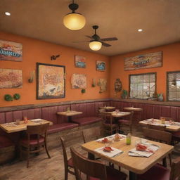 Create an image of a lively casual dining Tex-Mex restaurant named 'Queso Quarters'. Depict scenes of early lunch and brunch and late dinner with cocktails and occasional live Mariachi music, with an ambiance that embodies the vibrancy of cheese-themed decor.