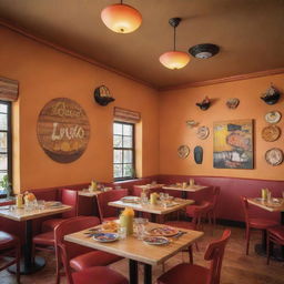 Create an image of a lively casual dining Tex-Mex restaurant named 'Queso Quarters'. Depict scenes of early lunch and brunch and late dinner with cocktails and occasional live Mariachi music, with an ambiance that embodies the vibrancy of cheese-themed decor.