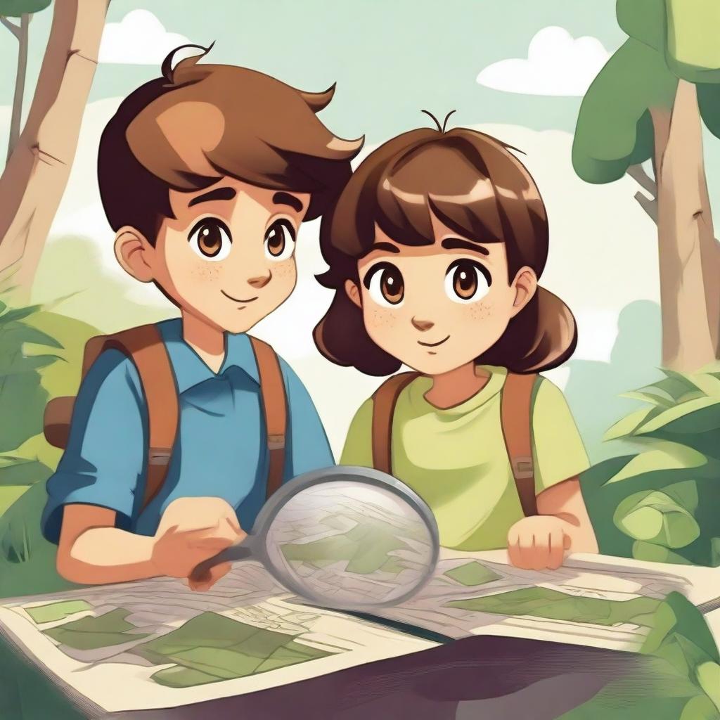 A boy and a girl searching for something, their faces filled with curiosity and determination