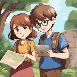 A boy and a girl searching for something, their faces filled with curiosity and determination