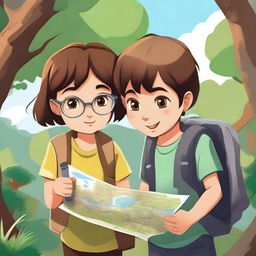 A boy and a girl searching for something, their faces filled with curiosity and determination