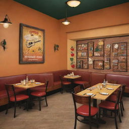 Create an image of a lively casual dining Tex-Mex restaurant named 'Queso Quarters'. Depict scenes of early lunch and brunch and late dinner with cocktails and occasional live Mariachi music, with an ambiance that embodies the vibrancy of cheese-themed decor.