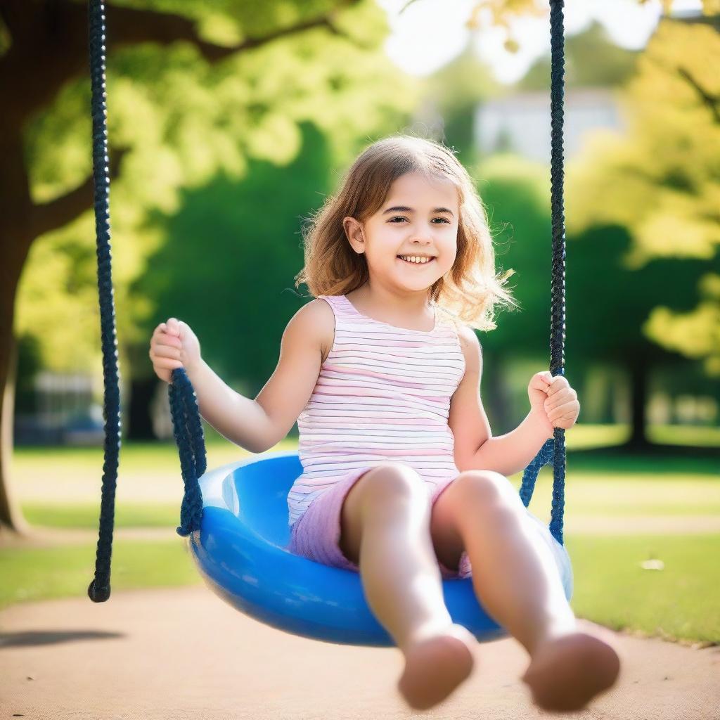 A young girl enjoying her time in the park, playing on the swings and slides, with a bright and sunny weather around her.