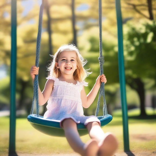 A young girl enjoying her time in the park, playing on the swings and slides, with a bright and sunny weather around her.