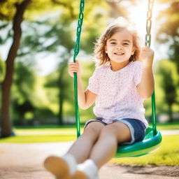 A young girl enjoying her time in the park, playing on the swings and slides, with a bright and sunny weather around her.