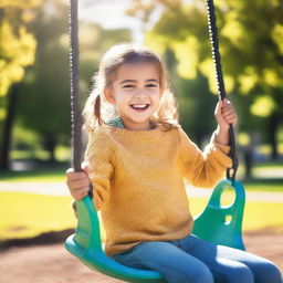 A young girl enjoying her time in the park, playing on the swings and slides, with a bright and sunny weather around her.