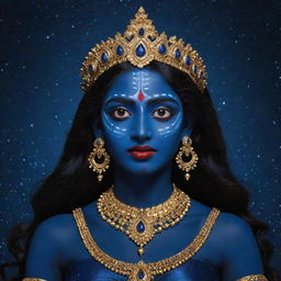 An enchanting depiction of the young Indian goddess Kali, featuring her with a sublime midnight blue skin, embodying a blend of divine power and youthful innocence, staged against the mystical expanse of the starlit night sky.