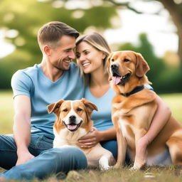 Generate an image of a couple and a dog enjoying a peaceful moment together