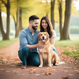 Generate an image of a couple and a dog enjoying a peaceful moment together