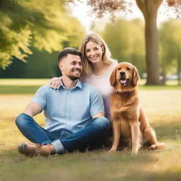 Generate an image of a couple and a dog enjoying a peaceful moment together