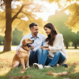 Generate an image of a couple and a dog enjoying a peaceful moment together