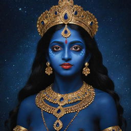 An enchanting depiction of the young Indian goddess Kali, featuring her with a sublime midnight blue skin, embodying a blend of divine power and youthful innocence, staged against the mystical expanse of the starlit night sky.