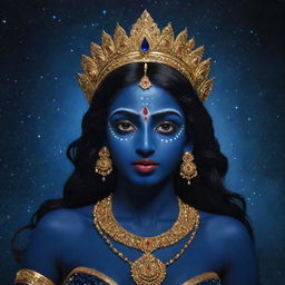 An enchanting depiction of the young Indian goddess Kali, featuring her with a sublime midnight blue skin, embodying a blend of divine power and youthful innocence, staged against the mystical expanse of the starlit night sky.