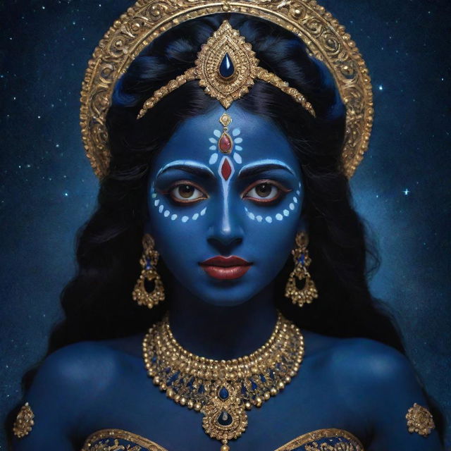 An enchanting depiction of the young Indian goddess Kali, featuring her with a sublime midnight blue skin, embodying a blend of divine power and youthful innocence, staged against the mystical expanse of the starlit night sky.