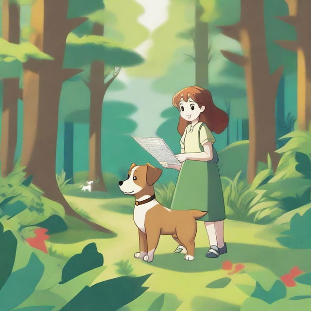 A charming image of a dog and Sonia searching for their thread in a lush and vibrant forest