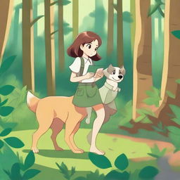 A charming image of a dog and Sonia searching for their thread in a lush and vibrant forest