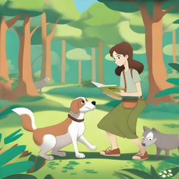 A charming image of a dog and Sonia searching for their thread in a lush and vibrant forest