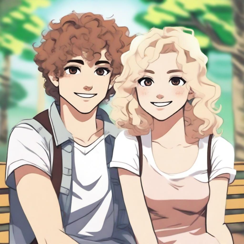 A curly-haired boy with his blonde girlfriend