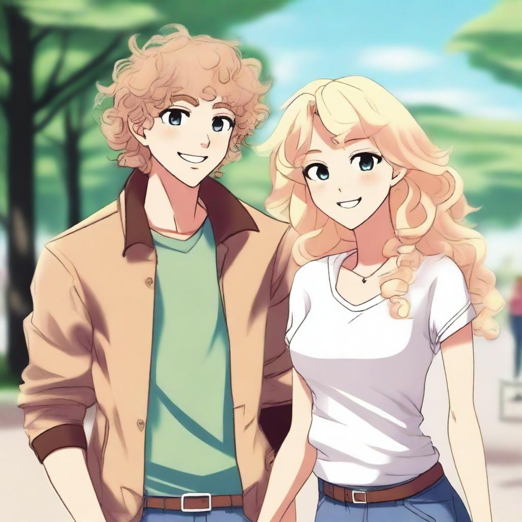 A curly-haired boy with his blonde girlfriend