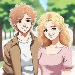 A curly-haired boy with his blonde girlfriend