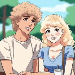 A curly-haired boy with his blonde girlfriend