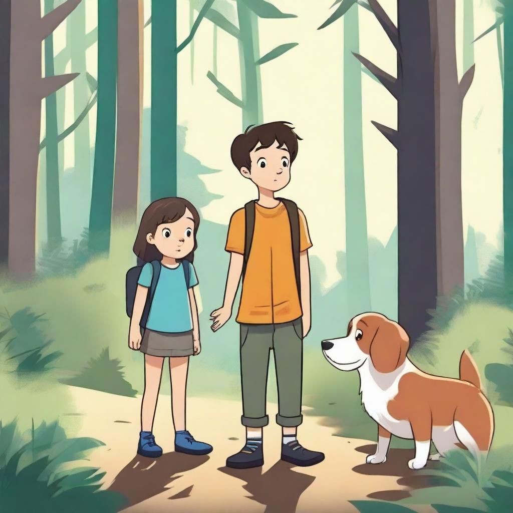 A boy and a girl finding their lost dog in the forest