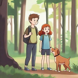 A boy and a girl finding their lost dog in the forest