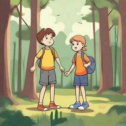 A boy and a girl finding their lost dog in the forest