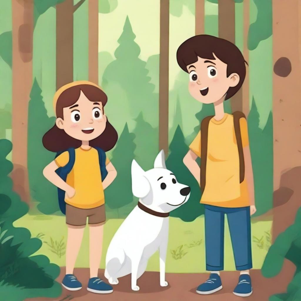 A boy and a girl finding their lost dog in the forest